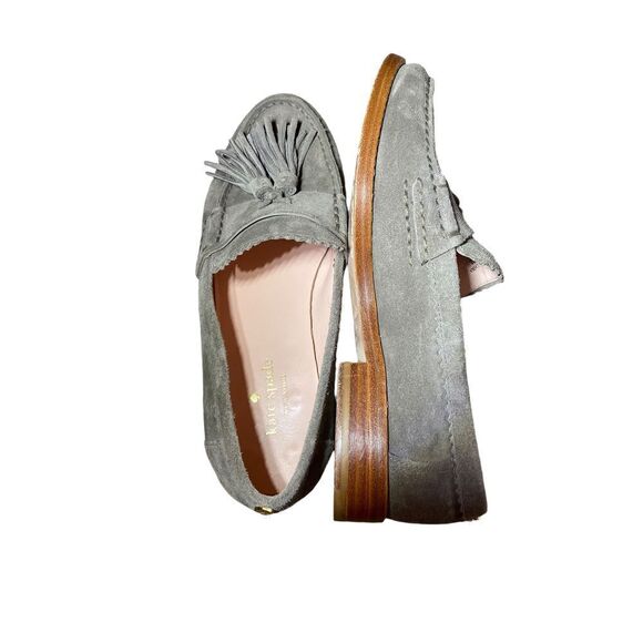 Kate Spade Gray Suede Tassel Loafers with Gold Detail Classic Slip-On Shoes - Picture 11 of 11